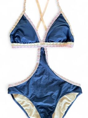 One Piece Cut Out Swimsuit Embroidered Blue Orange Pink Open Back Full Coverage